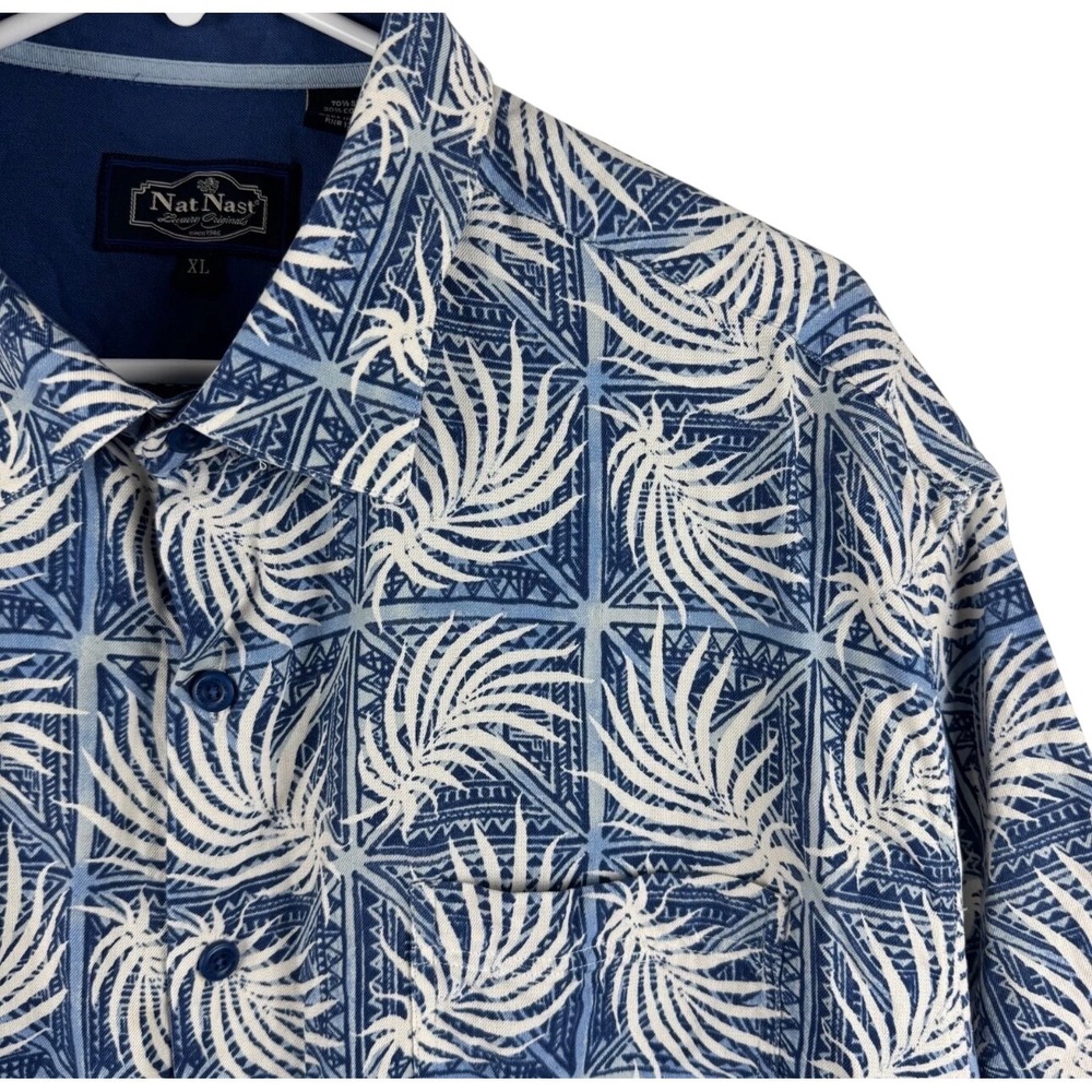 Nat Nast Shirt Mens XL Blue Silk Cotton Palm Geometric Print Short Sleeve Button